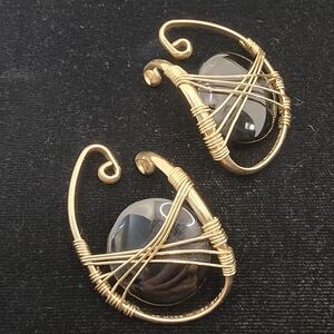 Vintage Barbara Bennett Gold Filled Black Disk Hooker Ear Cuffs 1980s Artisan